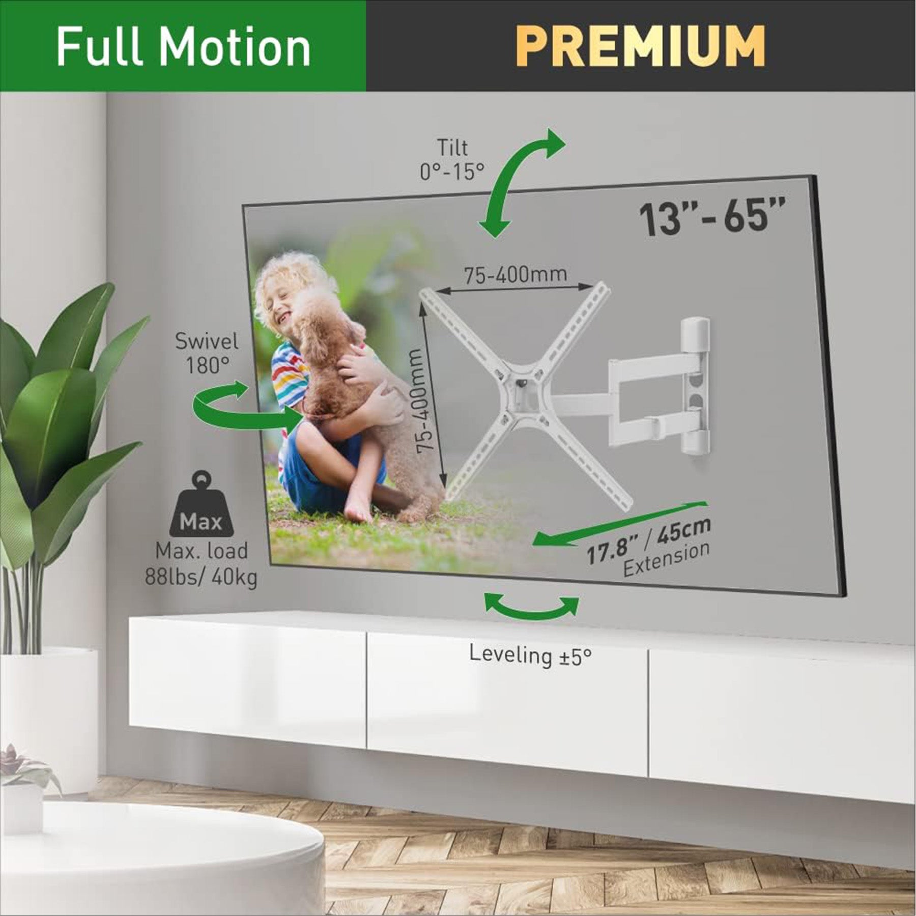 Barkan 13" - 65" Full Motion TV Wall Mount - Extension, Swivel & Tilt Part Number: BAR 3400W