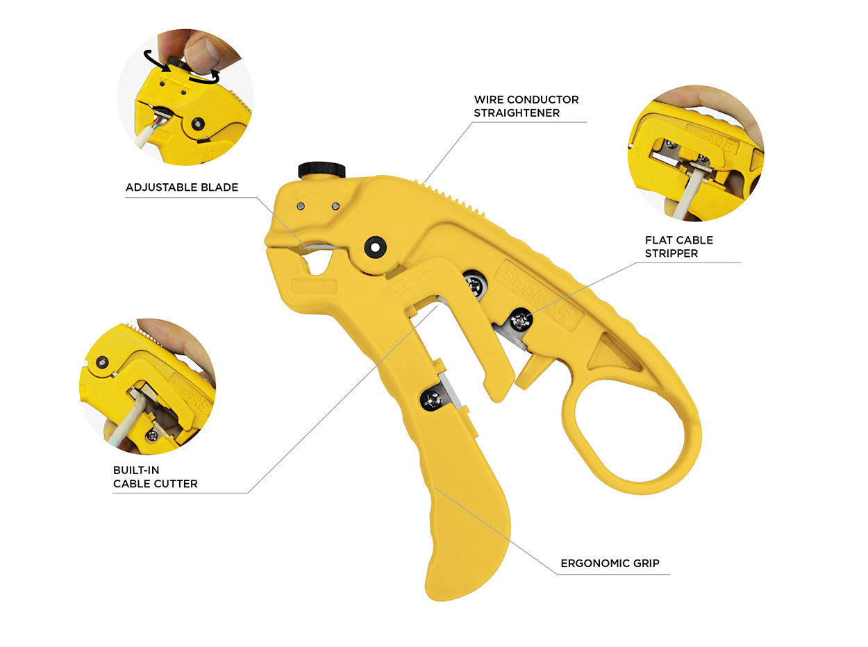 Adjustable LAN Cable Stripper for Shielded & Unshielded Cat7a/6a/6/5e – Yellow (Simply45 S45-S01YL)