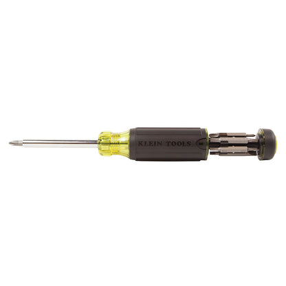 With Klein Tools 15-in-1 multi-bit screwdriver, carry fewer tools. This screwdriver / nut driver set comes with a fixed shaft and internal storage compartment for the screwdriver bits so they stay with the driver. 14 different bit sizes plus a 1/4-Inch nut driver should cover the range of all your bit needs.