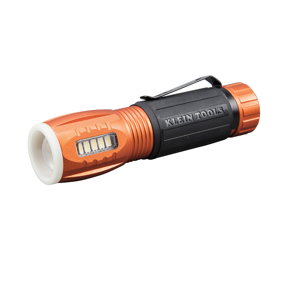 The Klein Tools® LED Flashlight with Work Light is a better alternative than a large, heavy flashlight when working in low light areas. This light is both a bright, focused flashlight and a broadcasting flood light in one small package. Just secure the light on a metal surface with the strong magnet for convenient hands-free function.