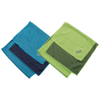 Stay cool for up to 3 hours with Klein Tools Mesh Cooling Towels. Cools up to 30 degrees below body temperature when activated. This resealable 2-pack comes with blue and lime towels and carabiner for convenience. Machine Washable.