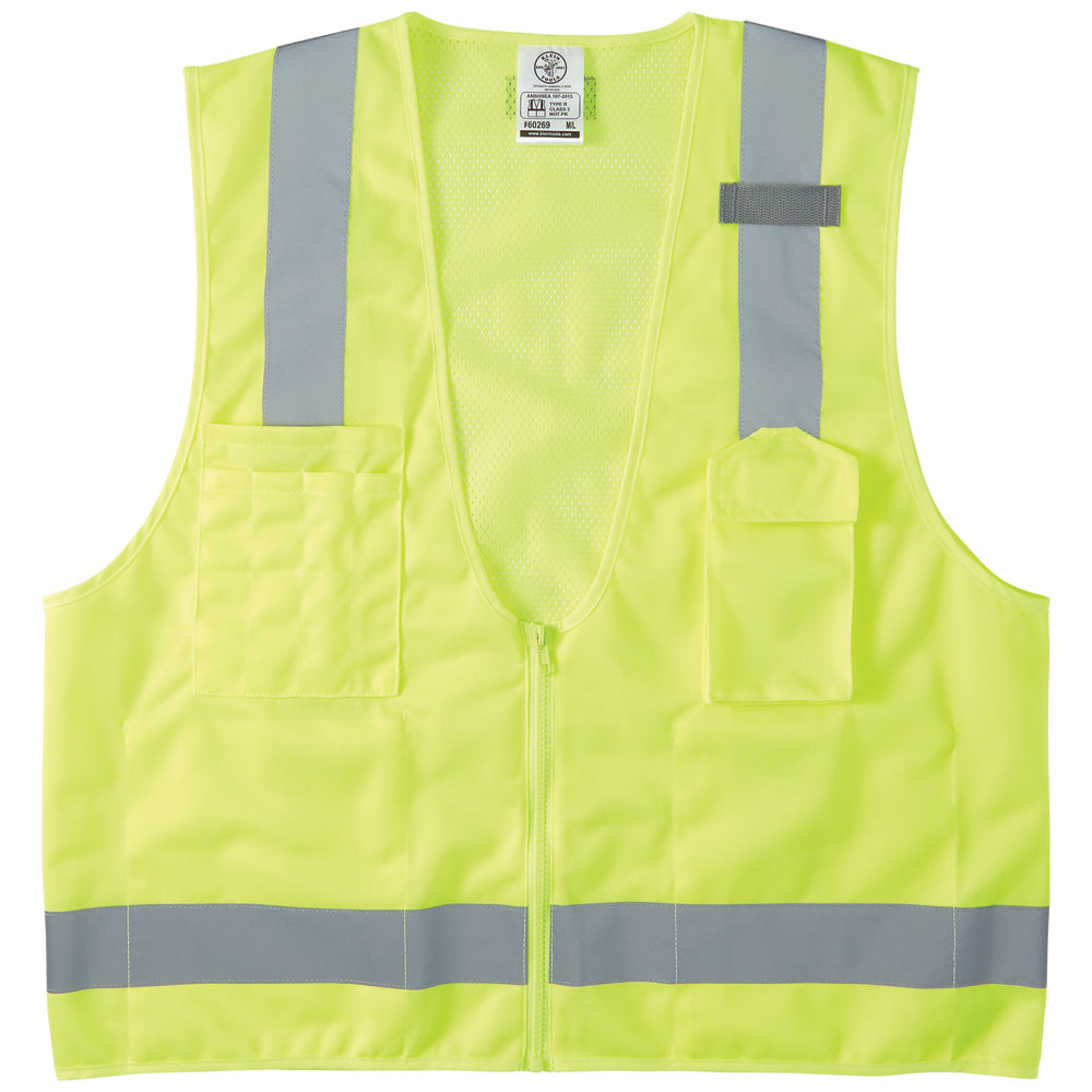 Klein Tools High-Visibility Safety Vest has retro-reflective material to enhance visibility. Mesh fabric on back provides breathability. This vest has a zippered front with interior and exterior pockets. Meets ANSI/ISEA 107-2015, Type R, Class 2 requirements.