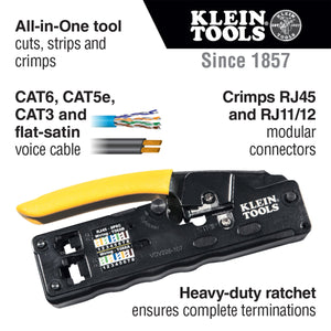 Klein Tools Ratcheting Data Cable Crimper / Stripper / Cutter, Compact