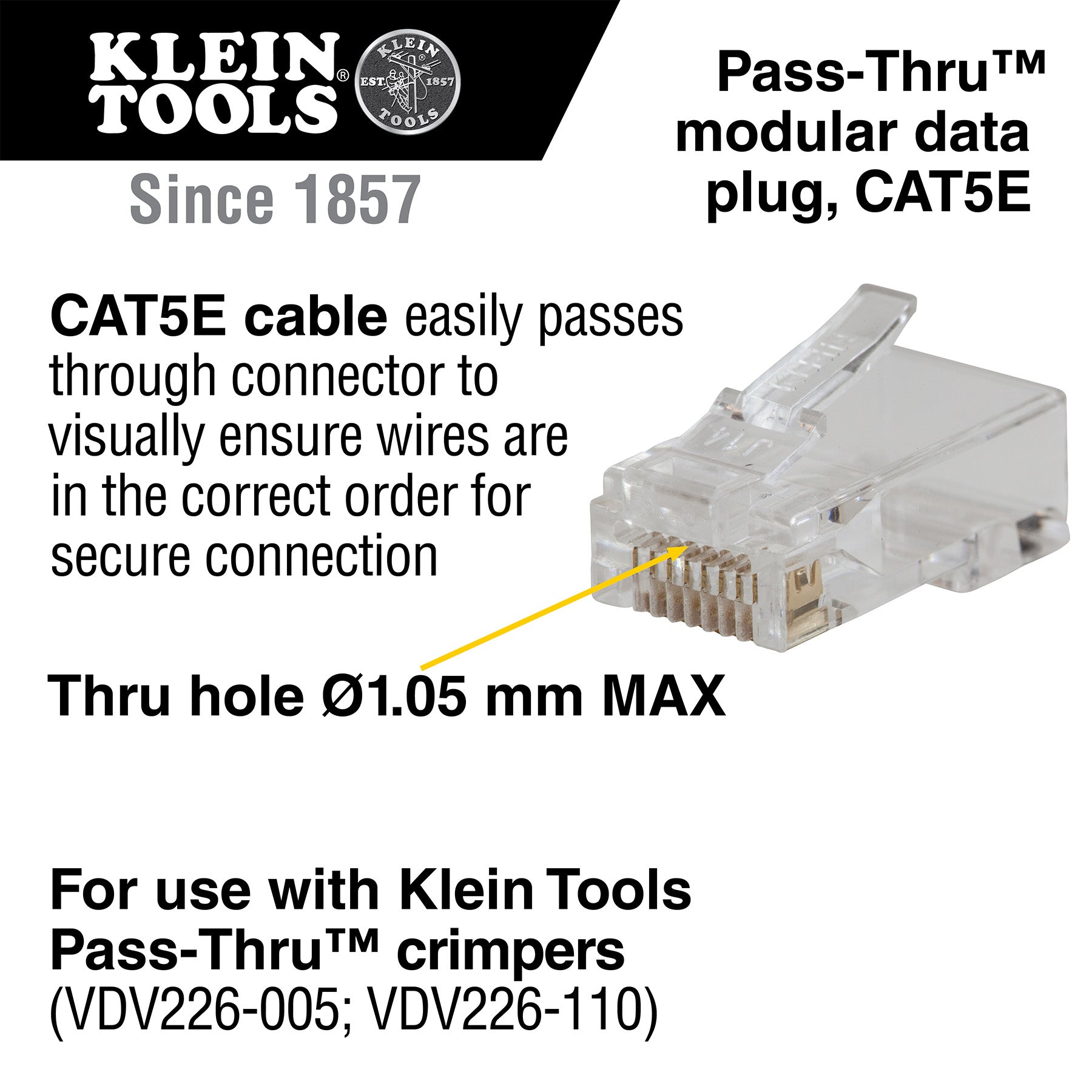 Klein Tools Pass-Thru™ Modular Data Plug, RJ45- CAT5E, 50-Pack Part Number: KLN VDV826-702